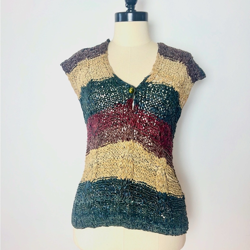 BRAIDED & WOVEN 1970’s 70s Vintage Boho Striped Leather Suede Blouse Top M